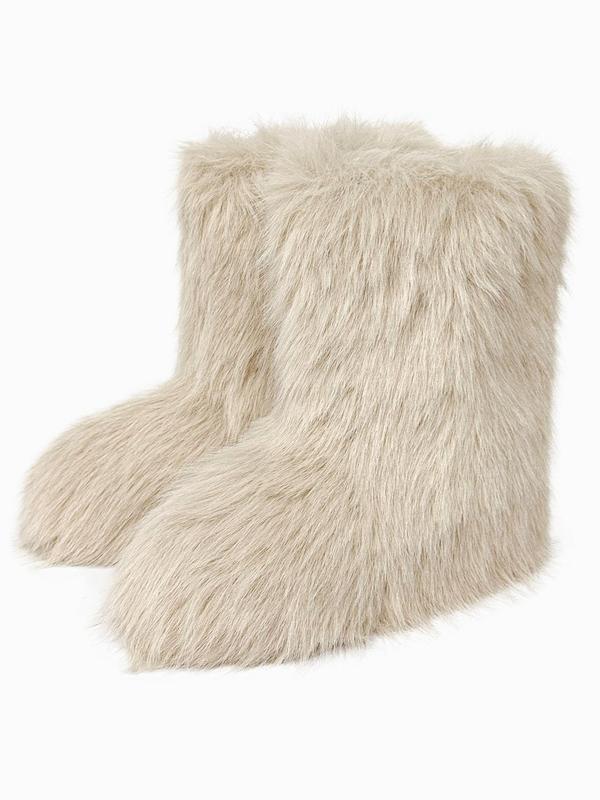 Women's Fashionable Contrast Faux Fur Design Plush Slip on Boots, Casual Warm Comfortable Boots for Fall & Winter, Female All-match Trendy Shoes for Daily Wear