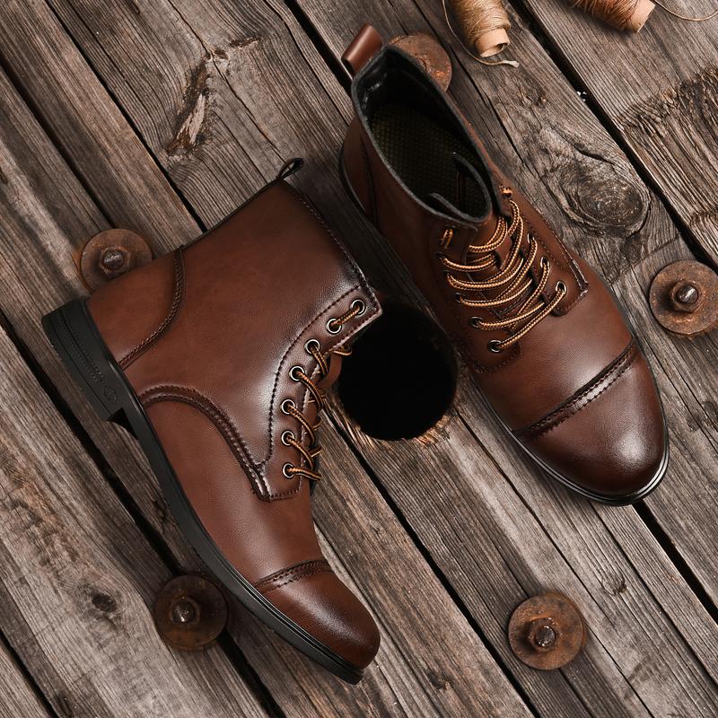 Men's Combat Boots Flat Lace-up Leather Ankle Booties Casual Comfortable Classic Leather Dress Shoes