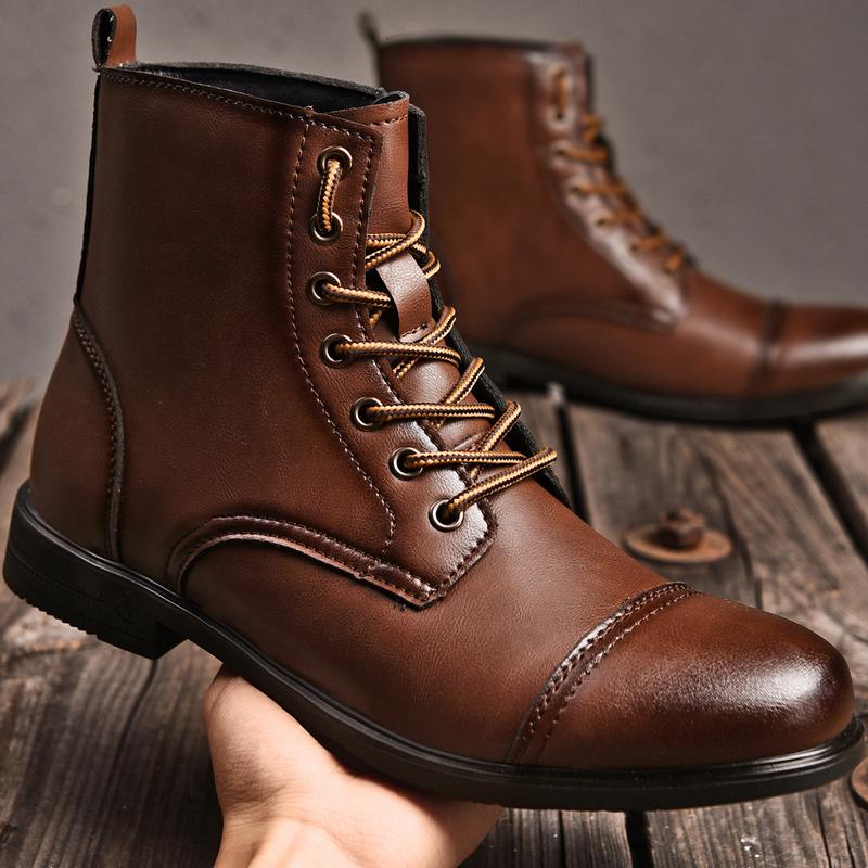 Men's Combat Boots Flat Lace-up Leather Ankle Booties Casual Comfortable Classic Leather Dress Shoes