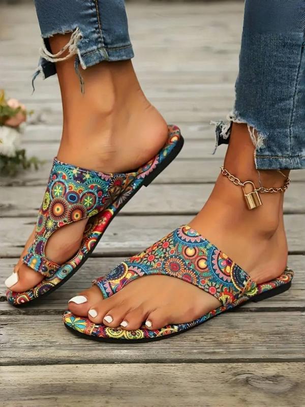 Women's Boho Style Ethnic Pattern Slip on Sandals, Casual Trendy Toe Thong Sandals, Fashionable Shoes for Summer Beach Vacation