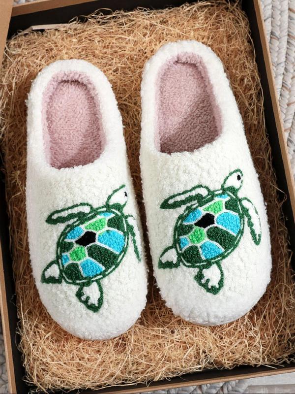 Women's Cute Cartoon Turtle Pattern Plush Slippers, Casual No-slip Soft Comfortable Home Slippers, Warm Slippers for Indoor & Outdoor Use for All Seasons