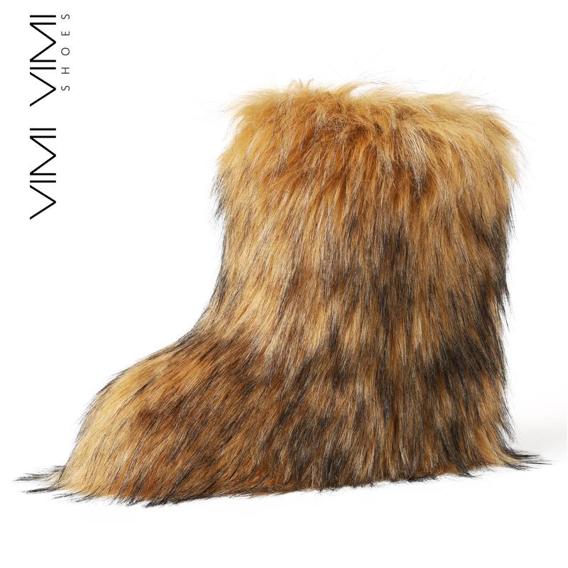 VIMI VIMI Faux Fur Boots for Womens Fluffy Warm Round Toe Mid Calf Boot Winter Shoes Snow Fur Booties