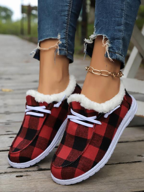 Women's Fashionable Plaid Pattern Lace Up Snow Boots, 2024 New Style Casual Comfortable Warm Ankle Boots for Fall & Winter, Female All-match Trendy Shoes for Daily Wear