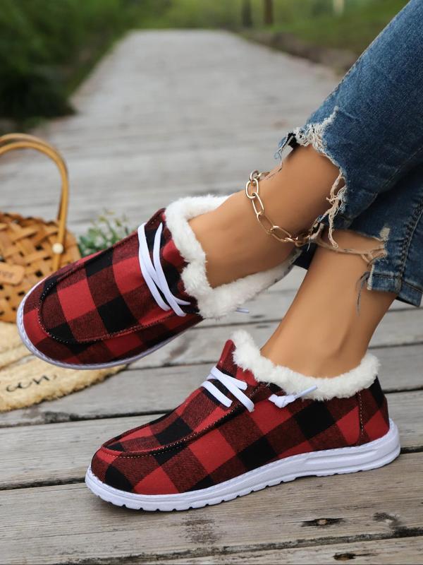 Women's Fashionable Plaid Pattern Lace Up Snow Boots, 2024 New Style Casual Comfortable Warm Ankle Boots for Fall & Winter, Female All-match Trendy Shoes for Daily Wear