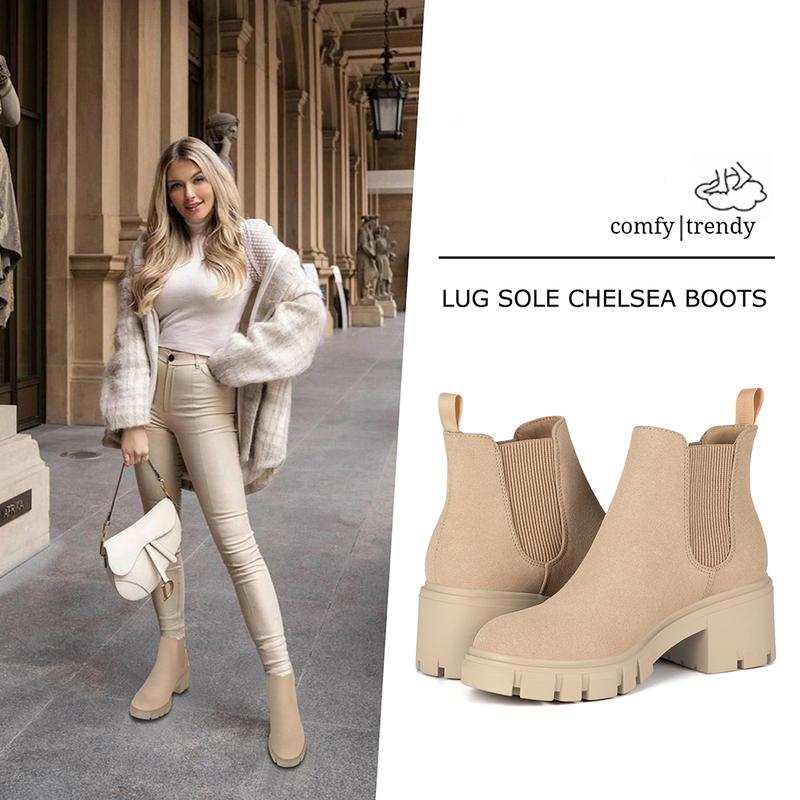 Athlefit Women's Chelsea Boots Fashion Lug Sole Chunky Heel Slip on Elastic Ankle Booties boots  women winter boots