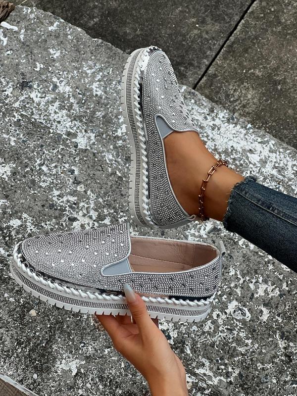 Women's Fashionable Rhinestone Decorated Slip on Wedge Sneakers, Casual Comfortable Round Toe Loafers, All-match Commuter Shoes for Work & Daily Wear Slipon Fall Shoes