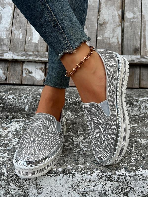 Women's Fashionable Rhinestone Decorated Slip on Wedge Sneakers, Casual Comfortable Round Toe Loafers, All-match Commuter Shoes for Work & Daily Wear Slipon Fall Shoes