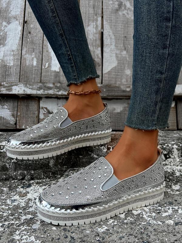 Women's Fashionable Rhinestone Decorated Slip on Wedge Sneakers, Casual Comfortable Round Toe Loafers, All-match Commuter Shoes for Work & Daily Wear Slipon Fall Shoes