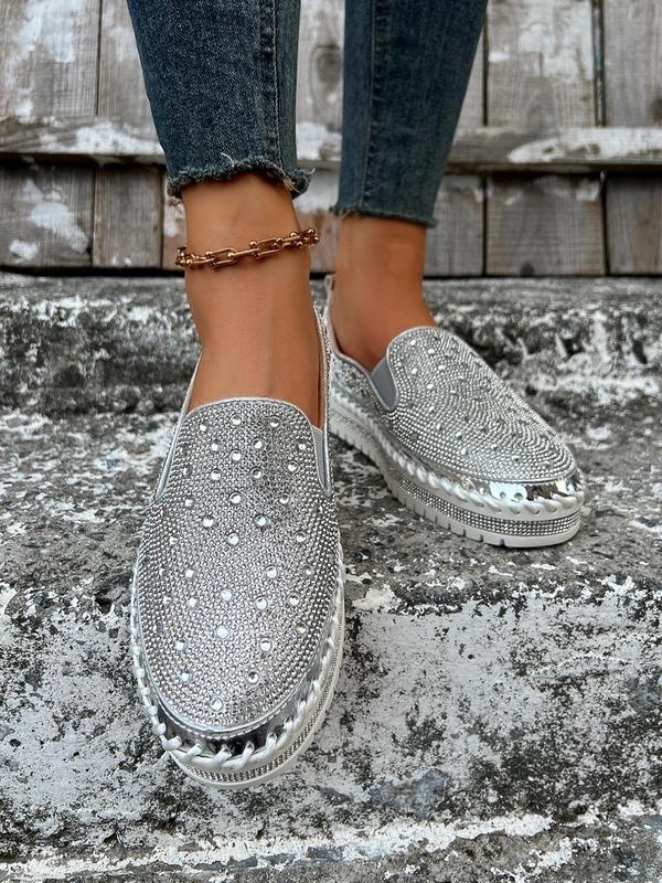 Women's Fashionable Rhinestone Decorated Slip on Wedge Sneakers, Casual Comfortable Round Toe Loafers, All-match Commuter Shoes for Work & Daily Wear Slipon Fall Shoes