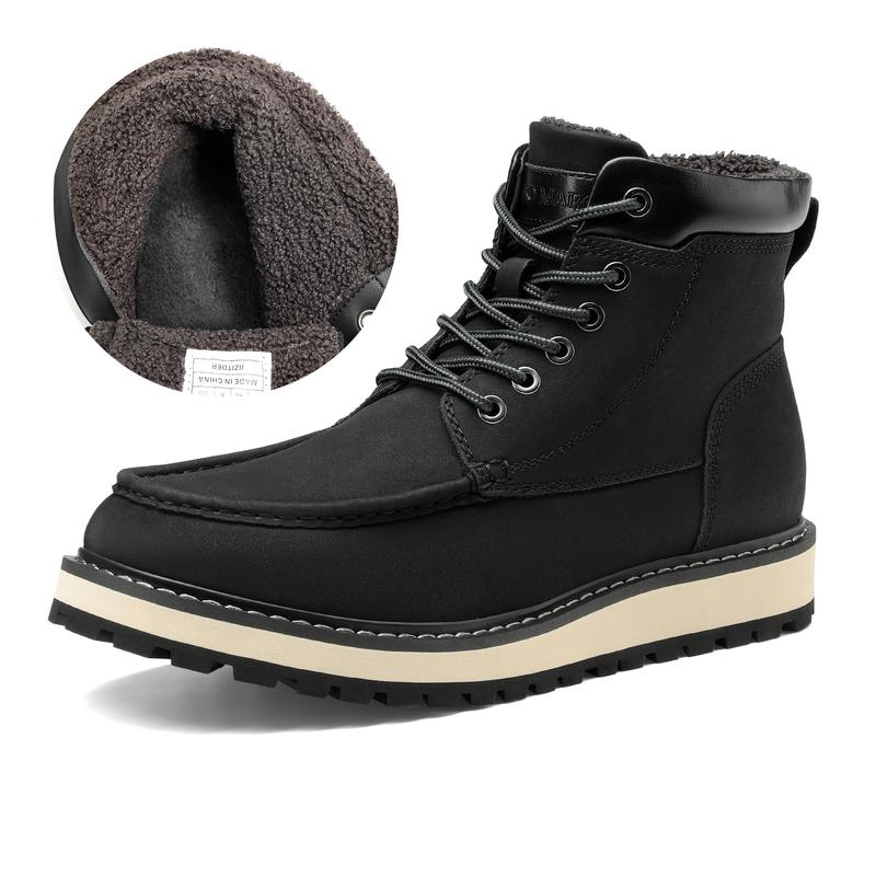 Bruno Marc Lightweight Men's Leather Fur-Lined Cuban Heel Moc Toe Boots for Winter Adventures