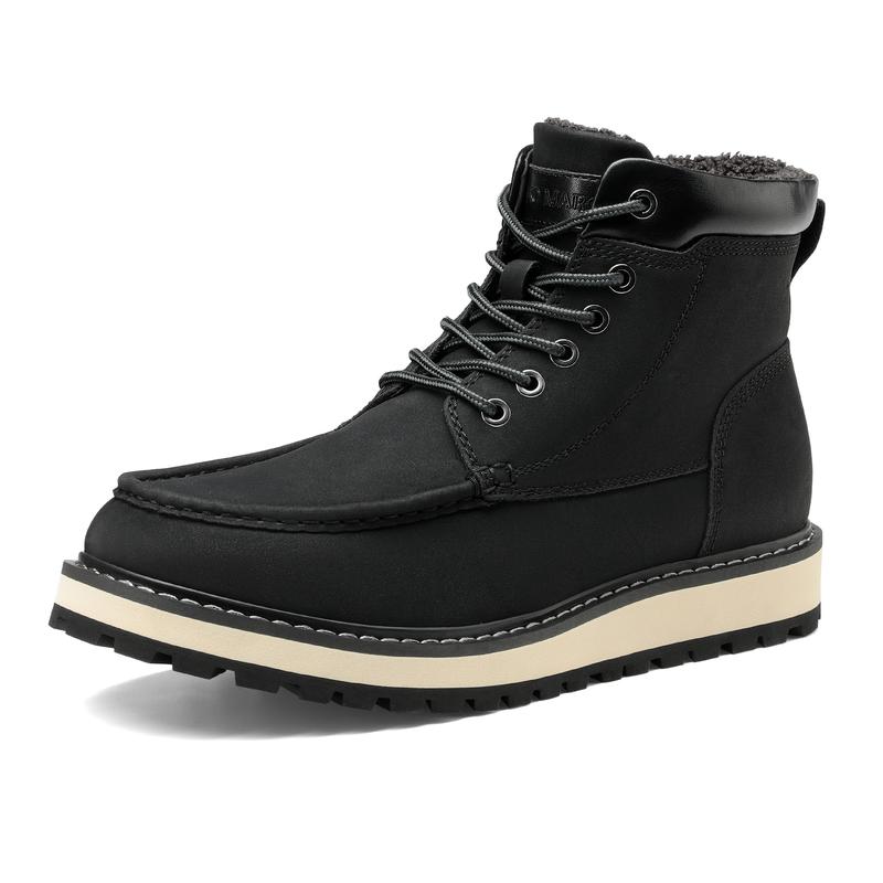 Bruno Marc Lightweight Men's Leather Fur-Lined Cuban Heel Moc Toe Boots for Winter Adventures