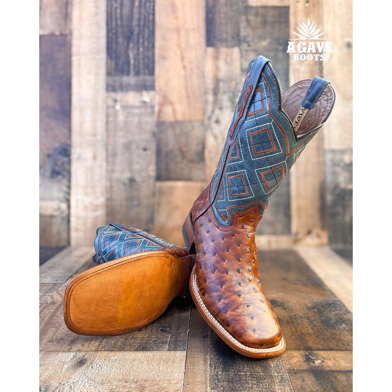 OSTRICH COGNAC | MEN SQUARE TOE WESTERN COWBOY BOOTS