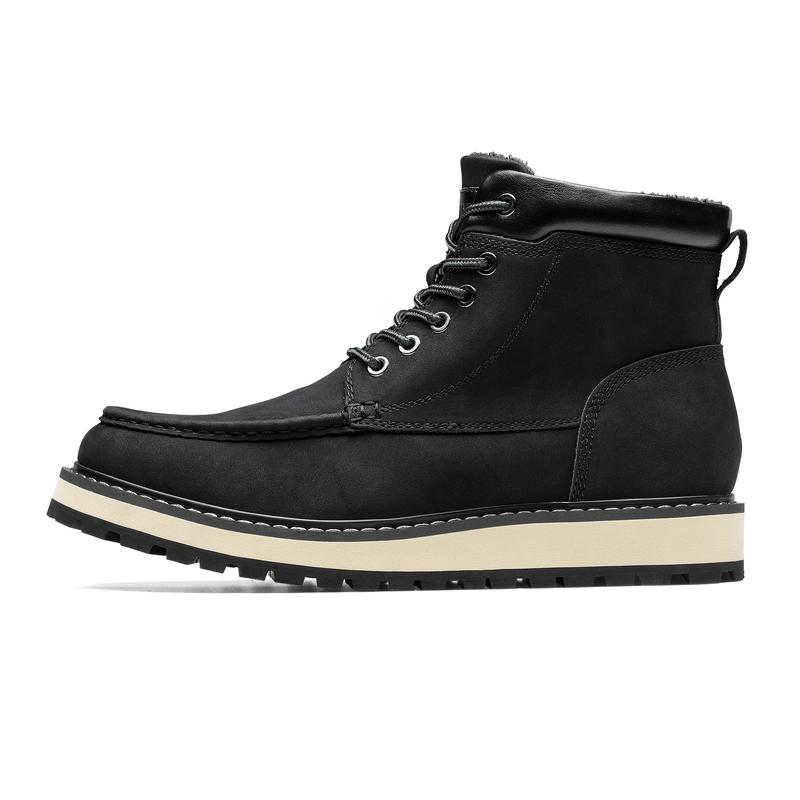 Bruno Marc Lightweight Men's Leather Fur-Lined Cuban Heel Moc Toe Boots for Winter Adventures