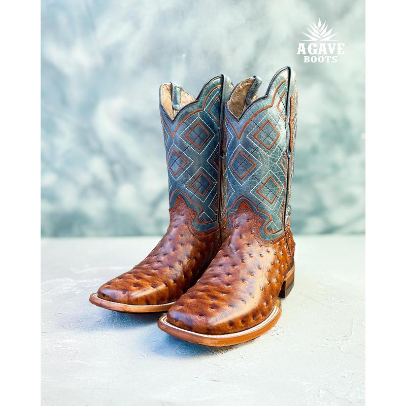 OSTRICH COGNAC | MEN SQUARE TOE WESTERN COWBOY BOOTS