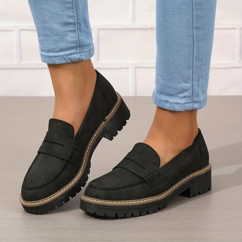 Women's Thick Loafers, Retro Solid Color round Toe Shoe Cover, All with Artificial Leather Shoes