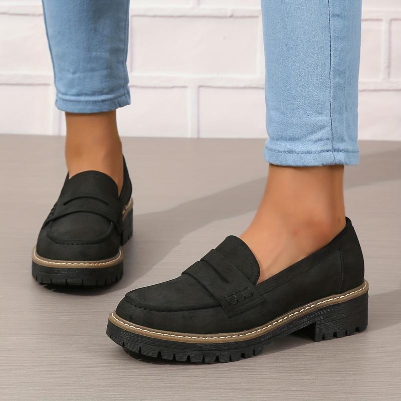 Women's Thick Loafers, Retro Solid Color round Toe Shoe Cover, All with Artificial Leather Shoes