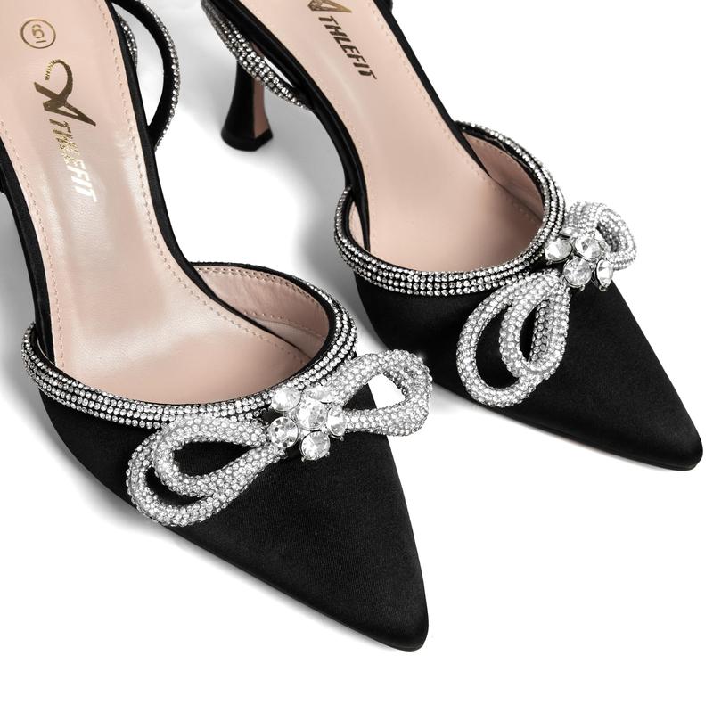 Athlefit Women's Rhinestone Bow Heels Ankle Strap Pointed Toe Stiletto Heeled Sandals Wedding Bridal Dress Pumps Shoes