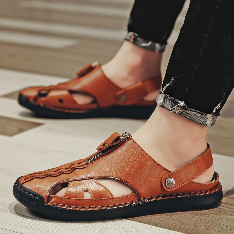 Men's leather hollowed out sports sandals, Roman casual shoes with one foot, closed toe outdoor anti slip sports belt adjustable loafers Boy Footwear