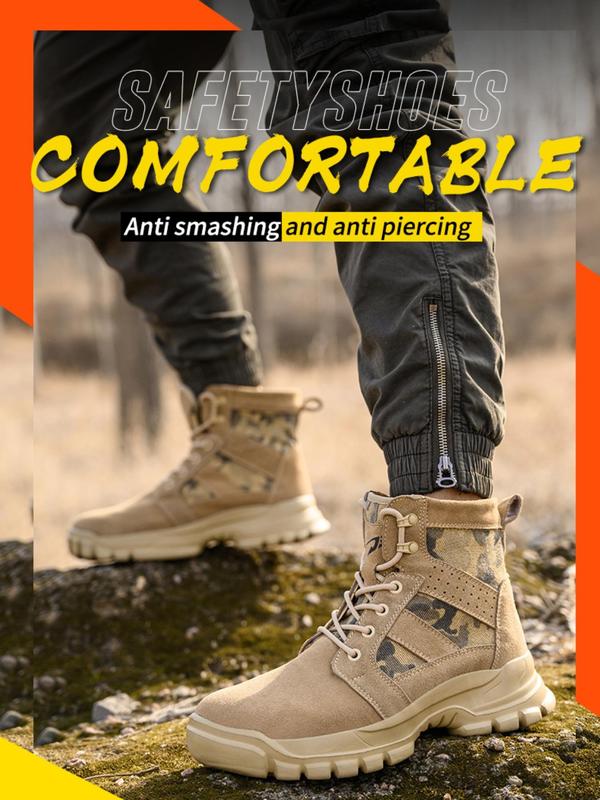 Men's Camo Print Lace Up Front Safety Boots, Fashionable Anti-smash and Anti-puncture Shoes for Outdoor, Lightweight High Top Work Shoes for Men Tactical Boots