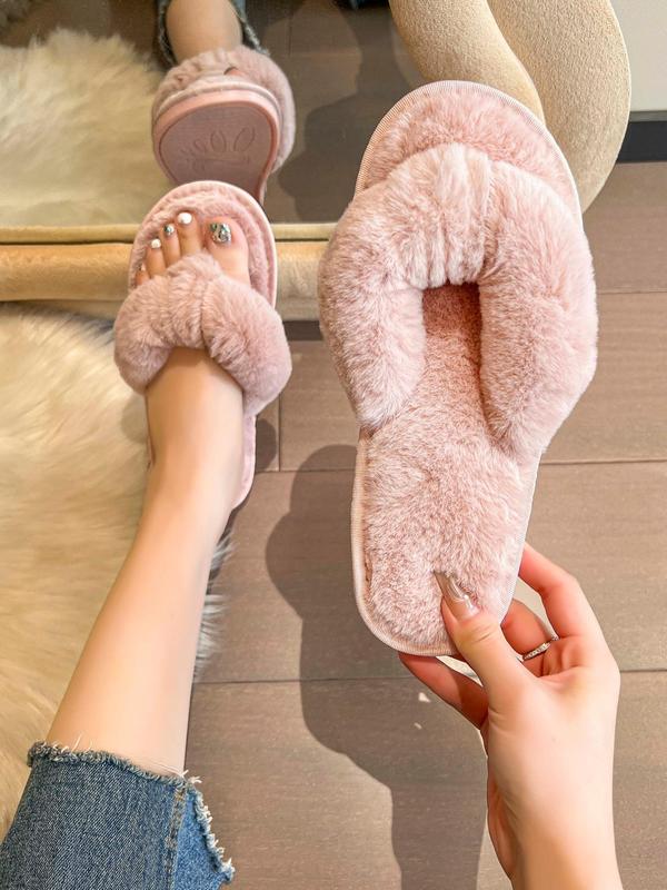 Women's Fashionable Fluffy Flip-flops, 1 Pair Casual Soft Plush Slippers, Warm Home Slippers for Fall & Winter