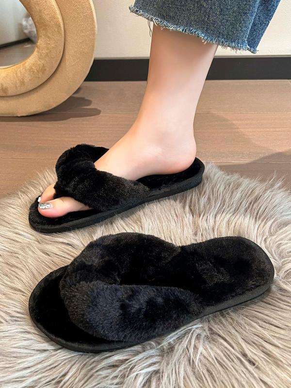 Women's Fashionable Fluffy Flip-flops, 1 Pair Casual Soft Plush Slippers, Warm Home Slippers for Fall & Winter