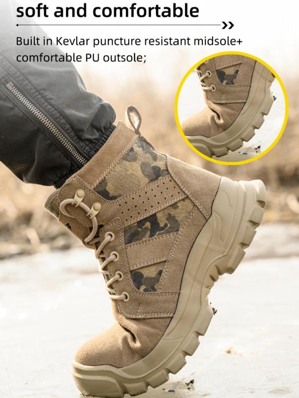 Men's Camo Print Lace Up Front Safety Boots, Fashionable Anti-smash and Anti-puncture Shoes for Outdoor, Lightweight High Top Work Shoes for Men Tactical Boots