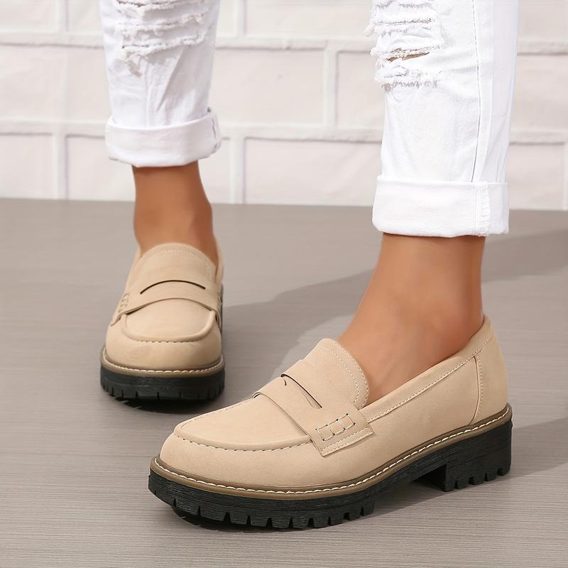 Women's Thick Loafers, Retro Solid Color round Toe Shoe Cover, All with Artificial Leather Shoes