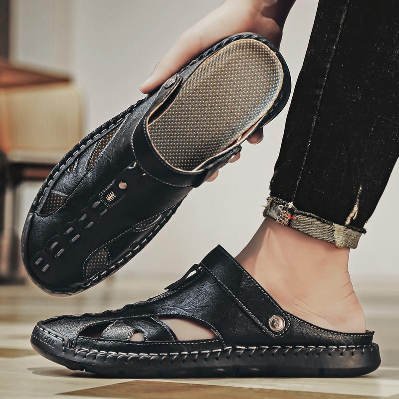 Men's leather hollowed out sports sandals, Roman casual shoes with one foot, closed toe outdoor anti slip sports belt adjustable loafers Boy Footwear