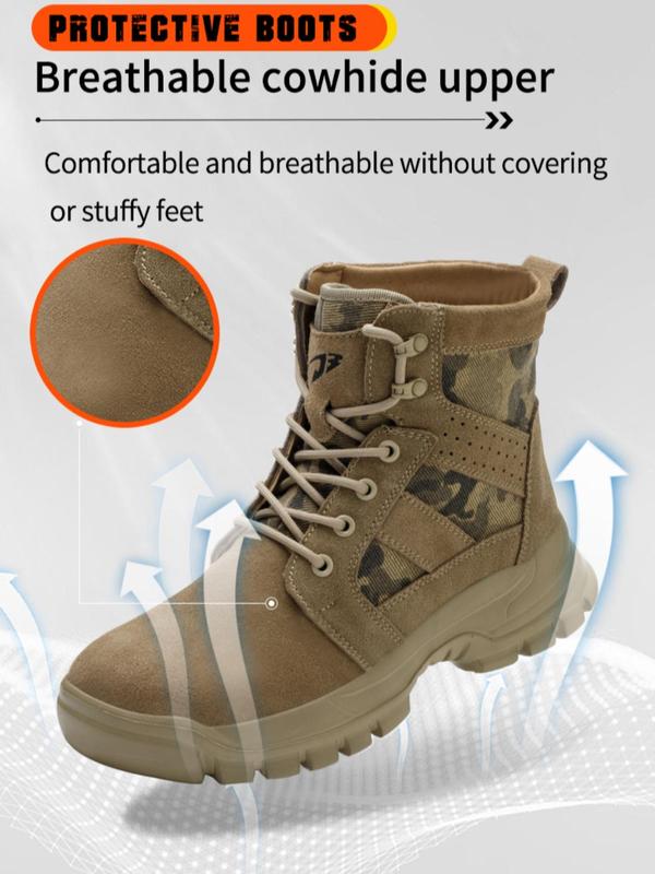 Men's Camo Print Lace Up Front Safety Boots, Fashionable Anti-smash and Anti-puncture Shoes for Outdoor, Lightweight High Top Work Shoes for Men Tactical Boots