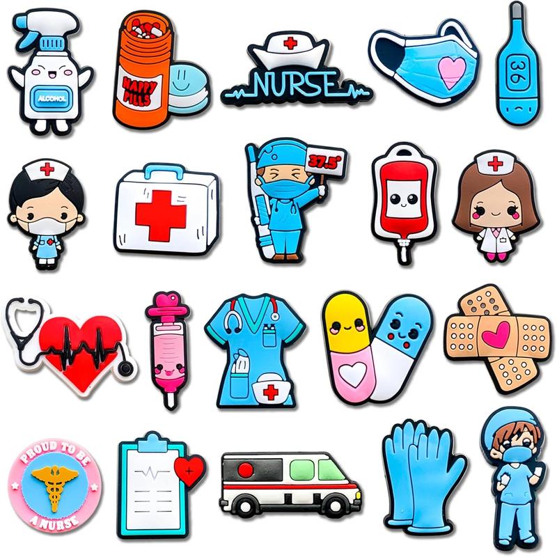 20PCS Cute Nurse Cartoon Shoe Charm Fit For Clog Decoration Waterproof Medical Shoes Decorations Charms Foot Wear Accessories Boy Women Girl Gift