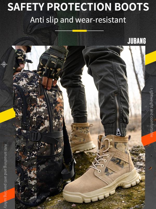 Men's Camo Print Lace Up Front Safety Boots, Fashionable Anti-smash and Anti-puncture Shoes for Outdoor, Lightweight High Top Work Shoes for Men Tactical Boots