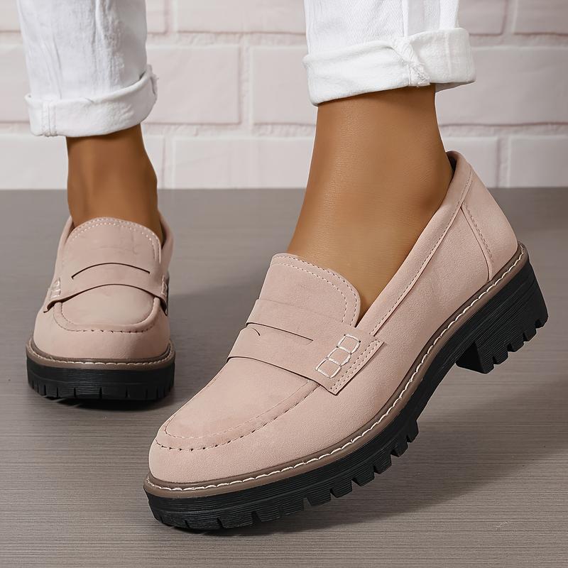 Women's Thick Loafers, Retro Solid Color round Toe Shoe Cover, All with Artificial Leather Shoes