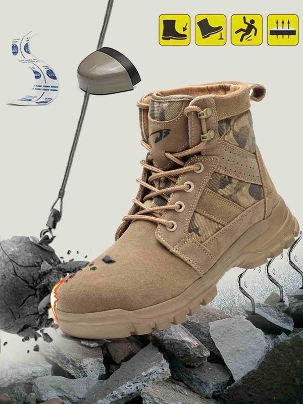 Men's Camo Print Lace Up Front Safety Boots, Fashionable Anti-smash and Anti-puncture Shoes for Outdoor, Lightweight High Top Work Shoes for Men Tactical Boots