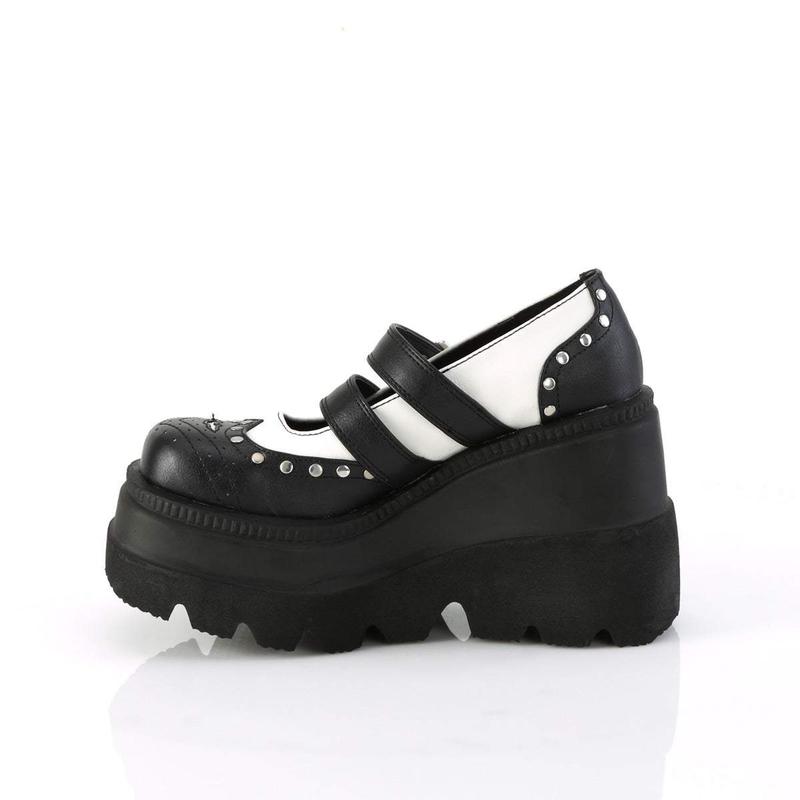 Demonia Shaker-27 Black-White Vegan Leather Platforms