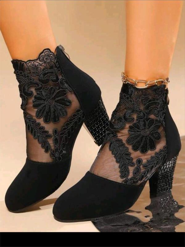 Women's Fashion Flower Embroidered Design Contrast Lace Ankle Boots, Elegant Pointed Toe Heeled  Boots for Fall 2024  for Daily Wear, All-match Boots for Women & Girls