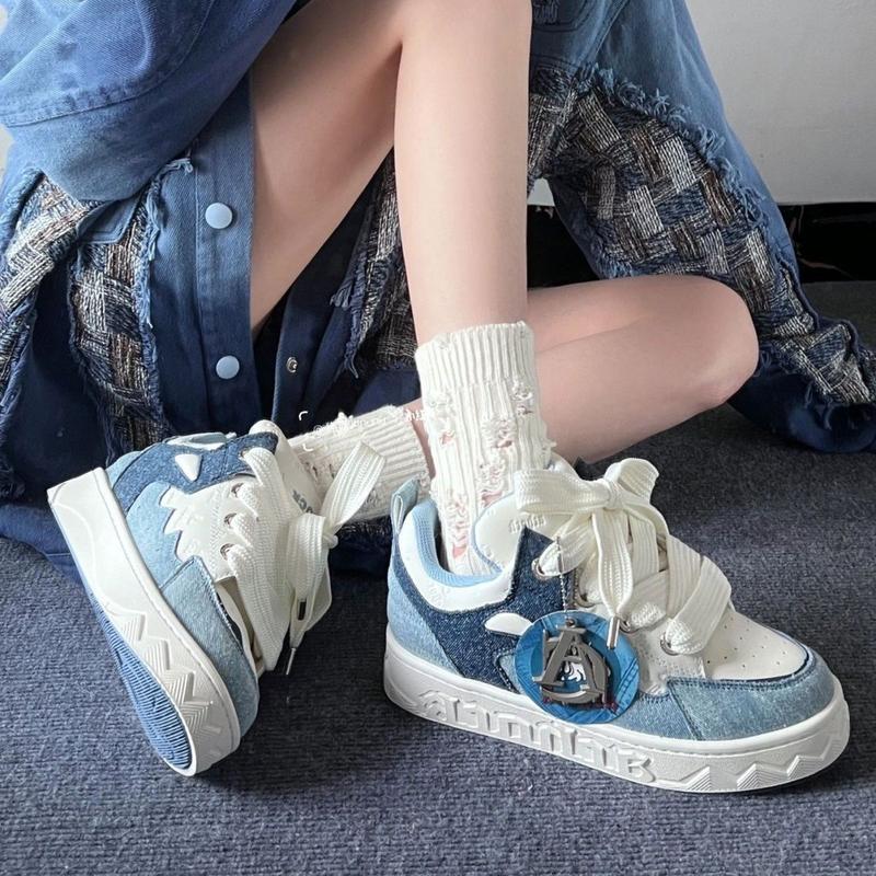 Little Devil Denim Blue Bread Shoes Women's Spring New Fashion Sports Puff Board Shoes Women's Platform