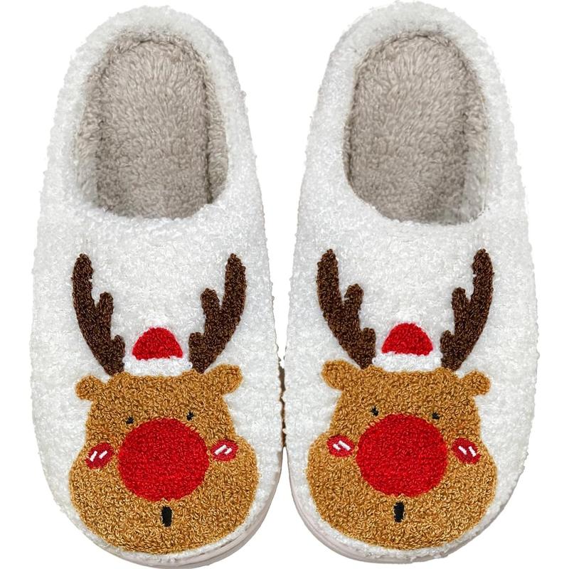 Winter Slippers Christmas Slippers Reindeer Slippers for Women and Men Holiday Halloween Slippers Indoor Bedroom Fluffy Warm Fleece Slippers Winter Soft Cozy Home Non-Slip Soft Plush Slip-on Wool Lined House Shoes