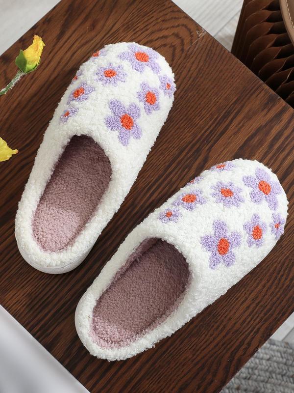 Women's Cute Floral Pattern Plush Slippers, Casual Soft Comfortable Home Slippers, Warm House Shoes for Indoor & Outdoor Use for All Seasons