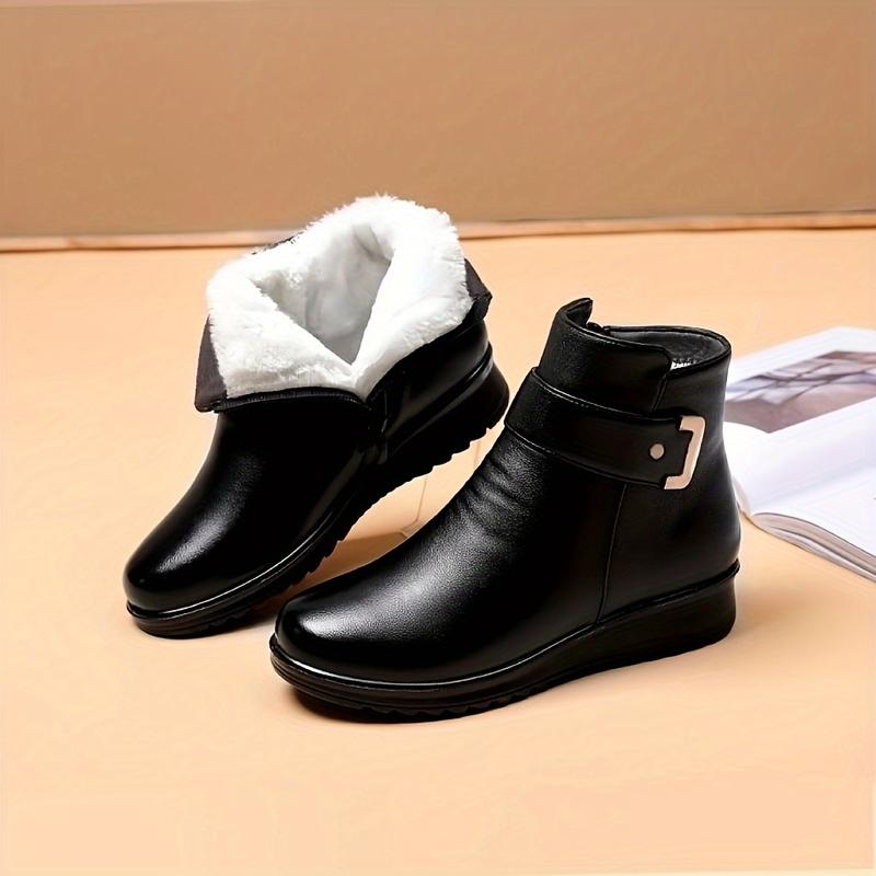 Women's Winter Plush Lined Ankle Boots, Buckle Detail Side Zipper Warm Boots, Thermal Outdoor Short Boots