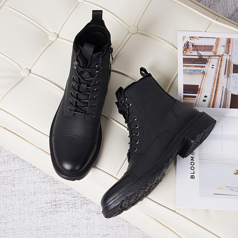 Men's Solid Cap Toe Dress Boots With PU Leather Uppers, Wear-resistant Non Slip Lace-up High Top Boots For Men's Outdoor Activities