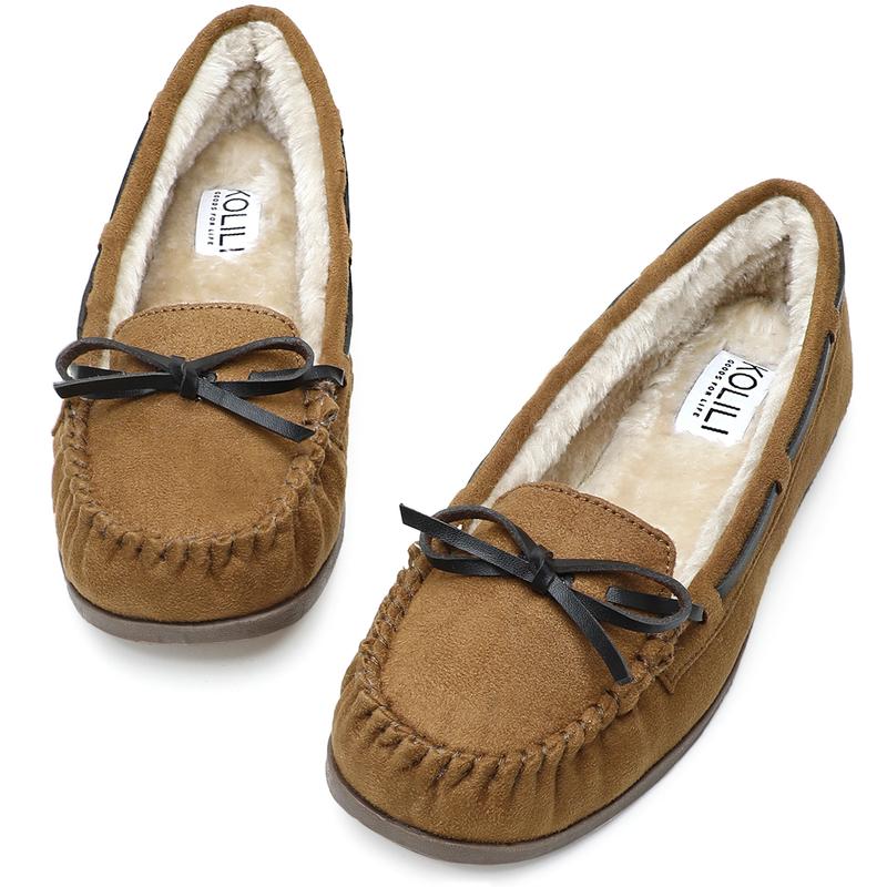 KOLILI Women's Faux Fur Moccasin Home Cotton Slippers, Suitable for Winter Indoor and Outdoor Warm and Comfortable Walking Shoes