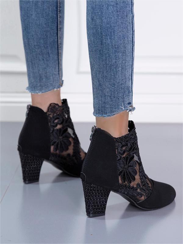 Women's Fashion Flower Embroidered Design Contrast Lace Ankle Boots, Elegant Pointed Toe Heeled  Boots for Fall 2024  for Daily Wear, All-match Boots for Women & Girls