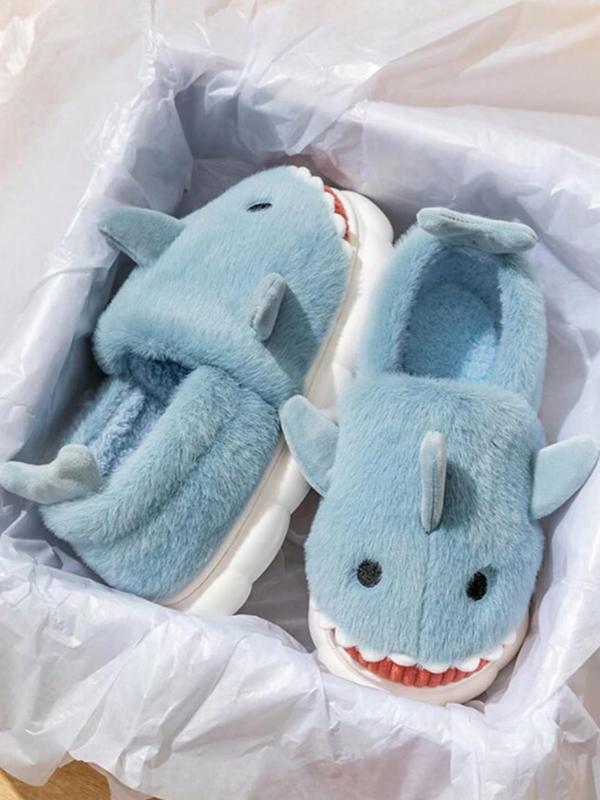 Cute Shark Design Plush Slippers, Casual Soft Comfortable Home Slippers, Warm Slippers for Indoor & Outdoor Use for Women & Girls