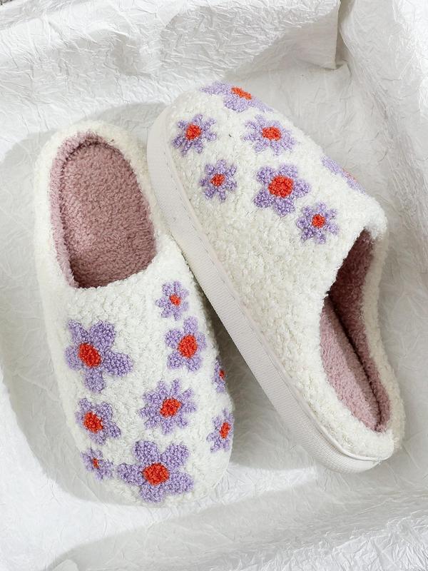 Women's Cute Floral Pattern Plush Slippers, Casual Soft Comfortable Home Slippers, Warm House Shoes for Indoor & Outdoor Use for All Seasons