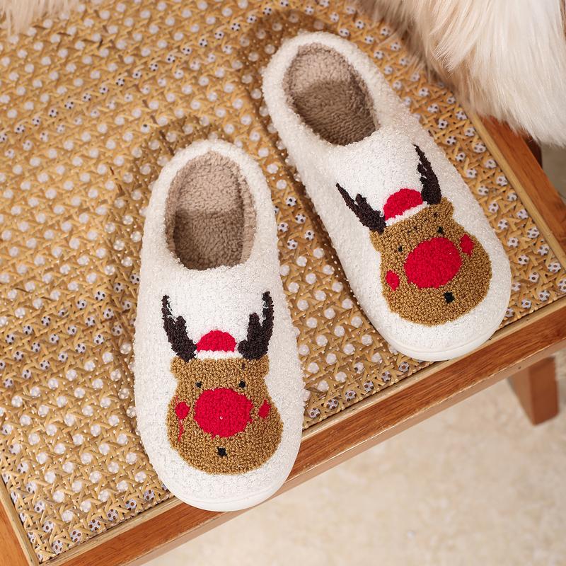 Winter Slippers Christmas Slippers Reindeer Slippers for Women and Men Holiday Halloween Slippers Indoor Bedroom Fluffy Warm Fleece Slippers Winter Soft Cozy Home Non-Slip Soft Plush Slip-on Wool Lined House Shoes