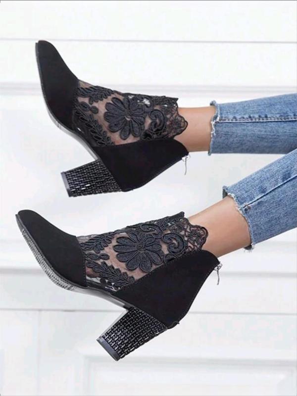 Women's Fashion Flower Embroidered Design Contrast Lace Ankle Boots, Elegant Pointed Toe Heeled  Boots for Fall 2024  for Daily Wear, All-match Boots for Women & Girls