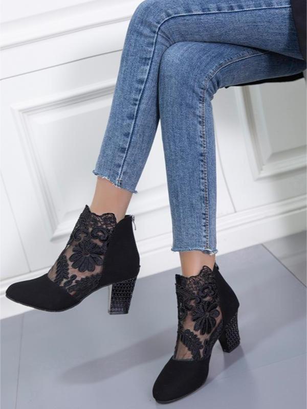 Women's Fashion Flower Embroidered Design Contrast Lace Ankle Boots, Elegant Pointed Toe Heeled  Boots for Fall 2024  for Daily Wear, All-match Boots for Women & Girls