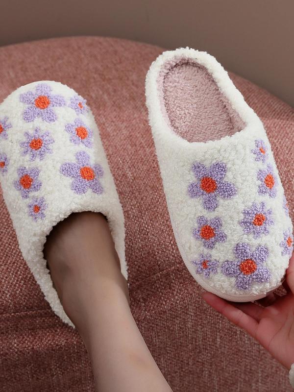 Women's Cute Floral Pattern Plush Slippers, Casual Soft Comfortable Home Slippers, Warm House Shoes for Indoor & Outdoor Use for All Seasons