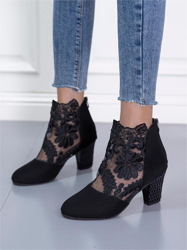 Women's Fashion Flower Embroidered Design Contrast Lace Ankle Boots, Elegant Pointed Toe Heeled  Boots for Fall 2024  for Daily Wear, All-match Boots for Women & Girls