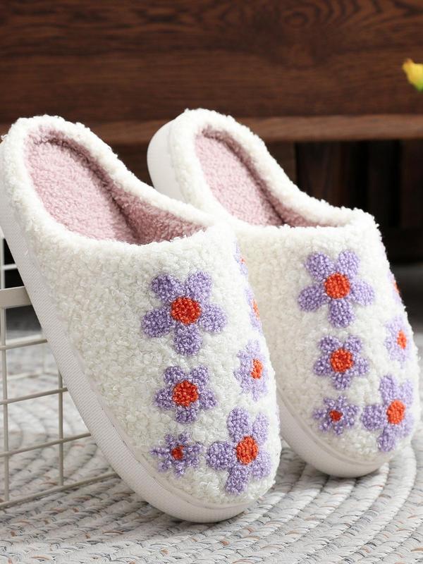 Women's Cute Floral Pattern Plush Slippers, Casual Soft Comfortable Home Slippers, Warm House Shoes for Indoor & Outdoor Use for All Seasons